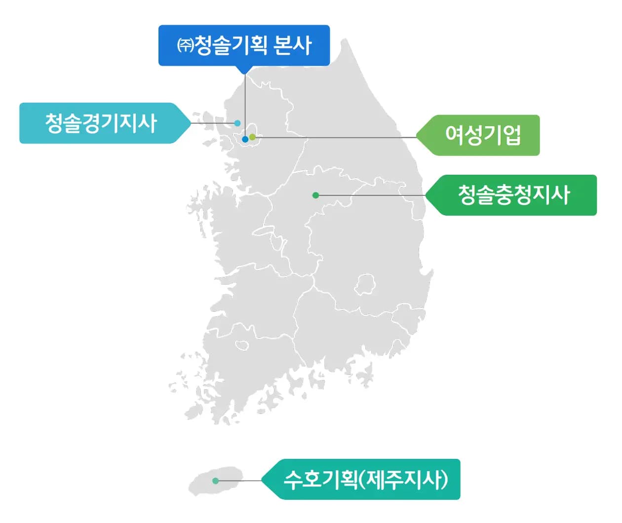 ㈜청솔기획 본사와 지사 위치 — 본사, 청솔경기지사, 여성기업, 청솔충청지사, 수호기획(제주지사)